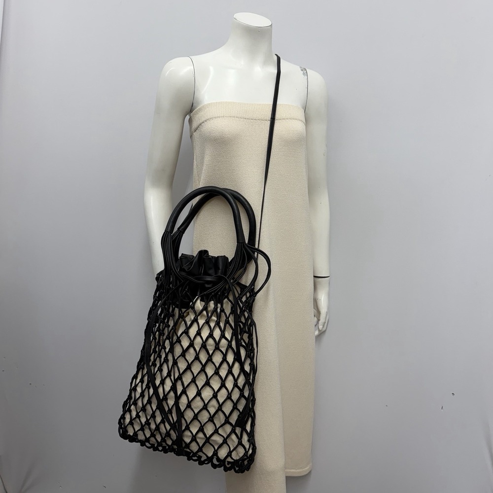 Zara Woven Leather Large Tote Shopper Bag Purse Black Lined in Beige Flax Cotton